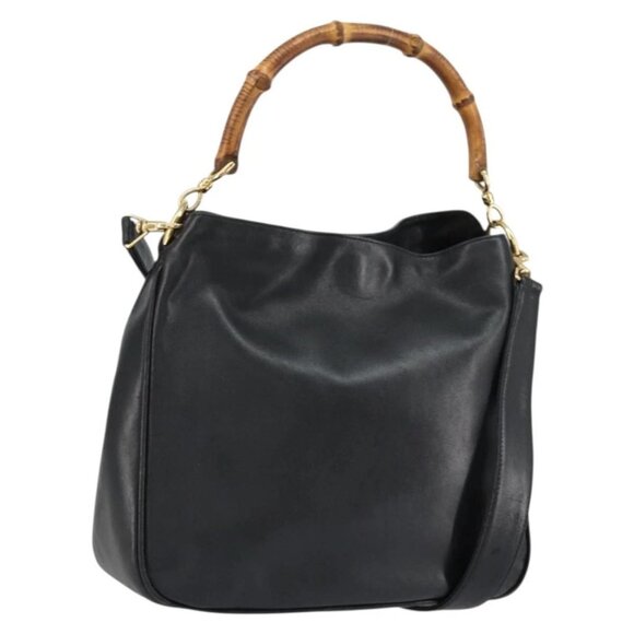 GUCCI Bamboo Shoulder Bag Leather 2way Black Gold 001 2123 1638 Auth 153394